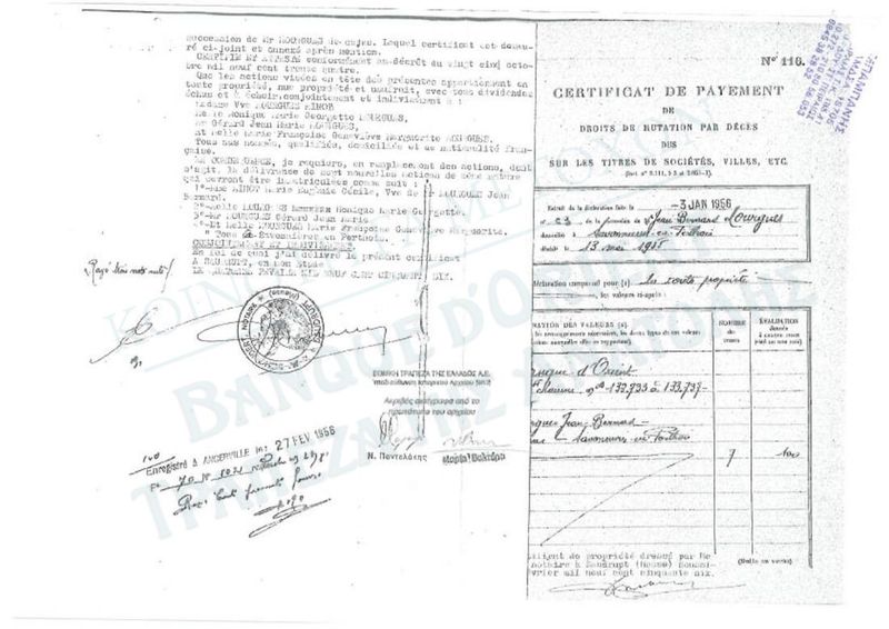 Γαλλικό πιστοποιητικό πληρωμής φόρου κληρονομιάς επί επτά μετοχών της Τράπεζας της Ανατολής