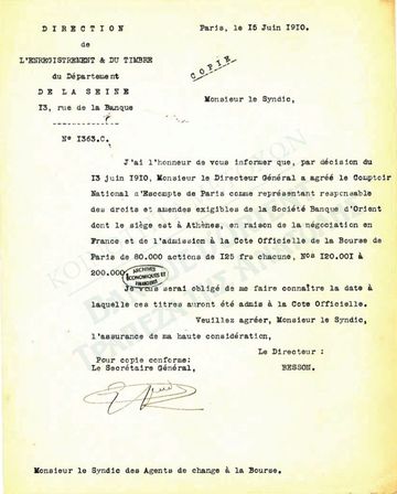 Εισαγωγή στο Χρηματιστήριο του Παρισιού· ΦΕΚ 267/17-8-1910